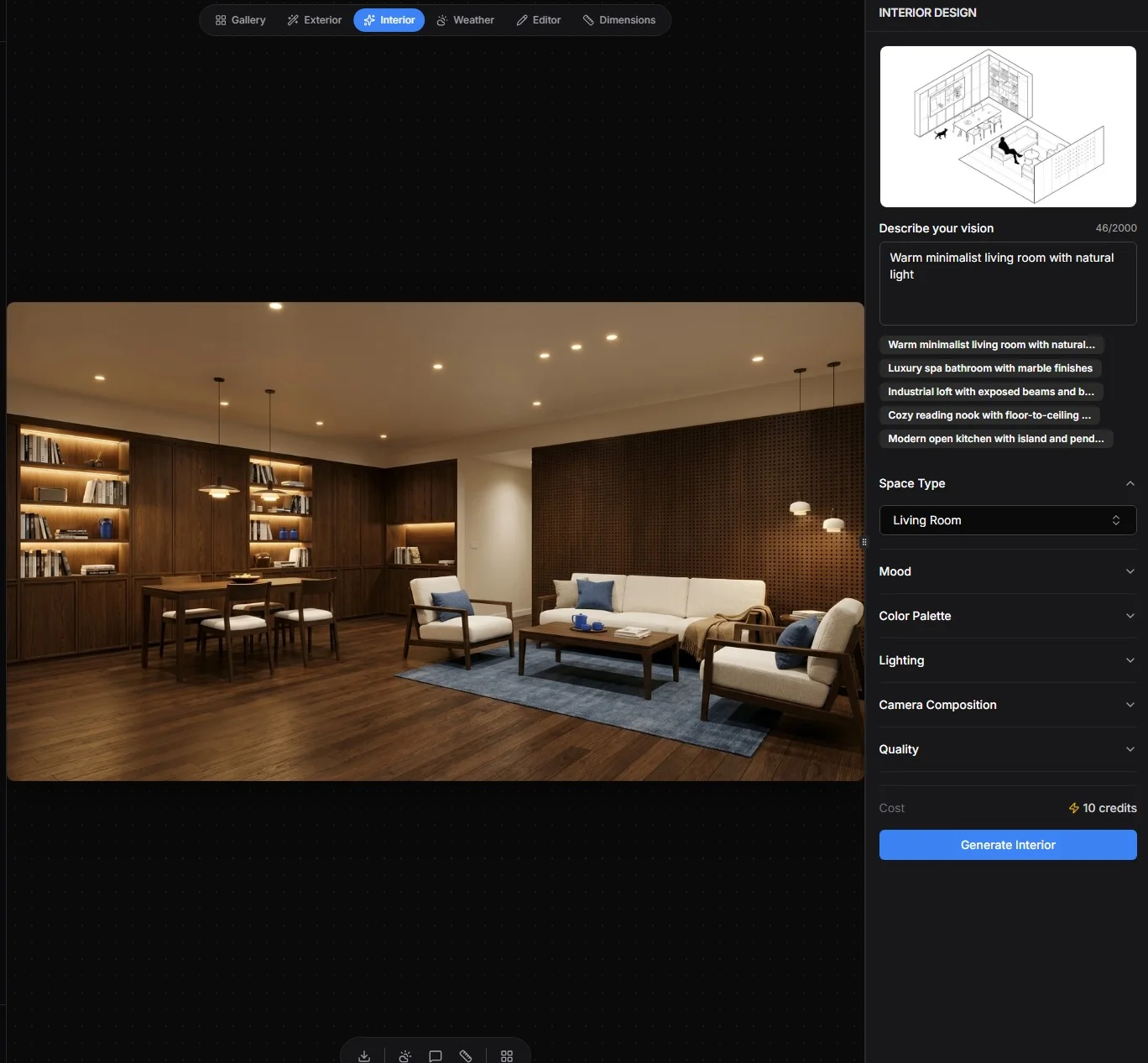 ArchLab AI interface showing rendered result